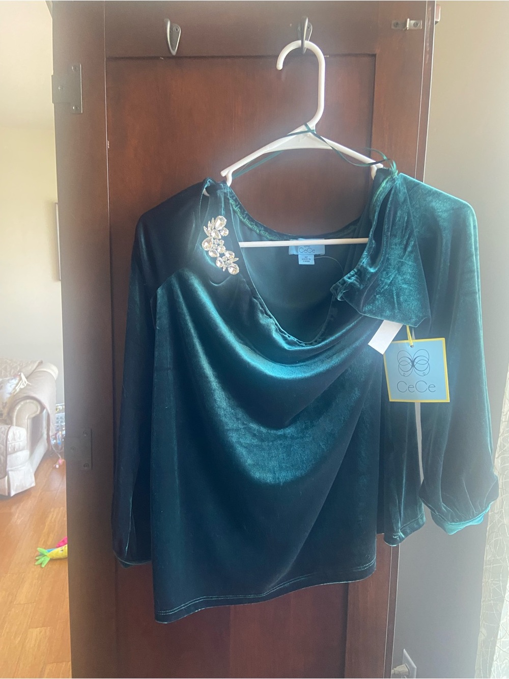 CeCe Deep Emerald Velvet Cowl Neck Top